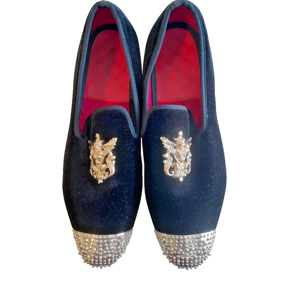Black Velvet Leather Loafer Mens Shoes Gold Accents holiday wedding Size 12.5